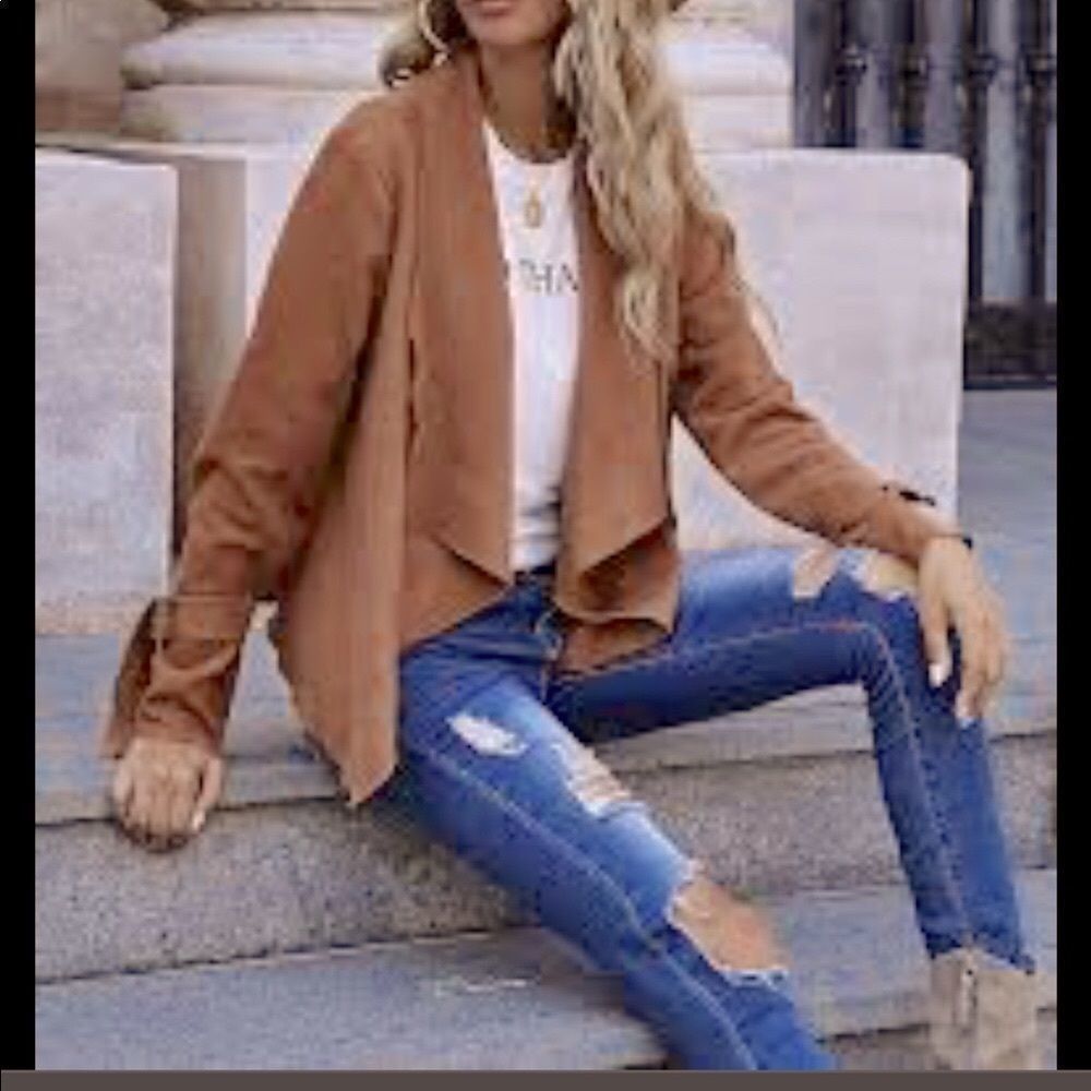 Casual Draped Open Front Jacket - Brown